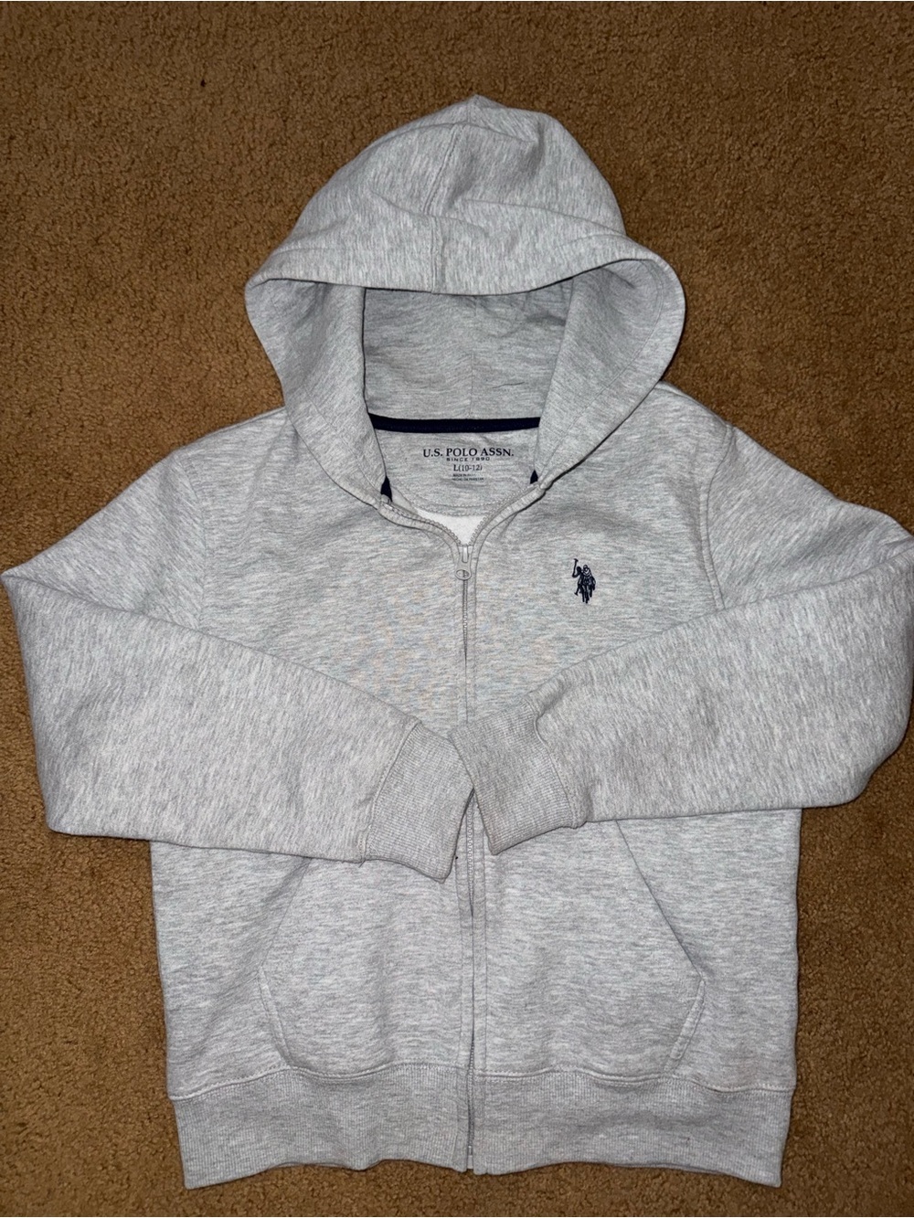 U.S. Polo Assn. Light Gray Hooded Zip Sweatshirt with Navy Logo